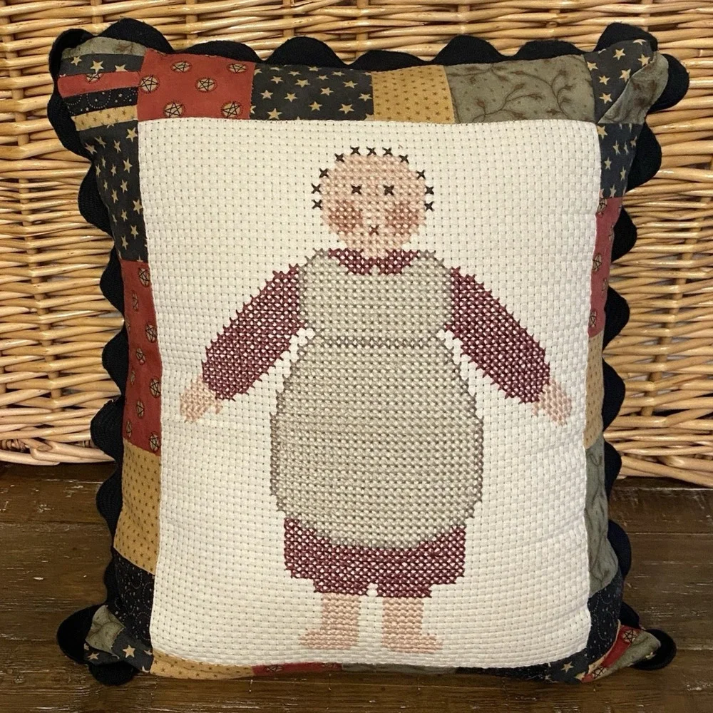 VTG Cross Stitch Pillow 1994 Folk Art Doll Country Primitive 14